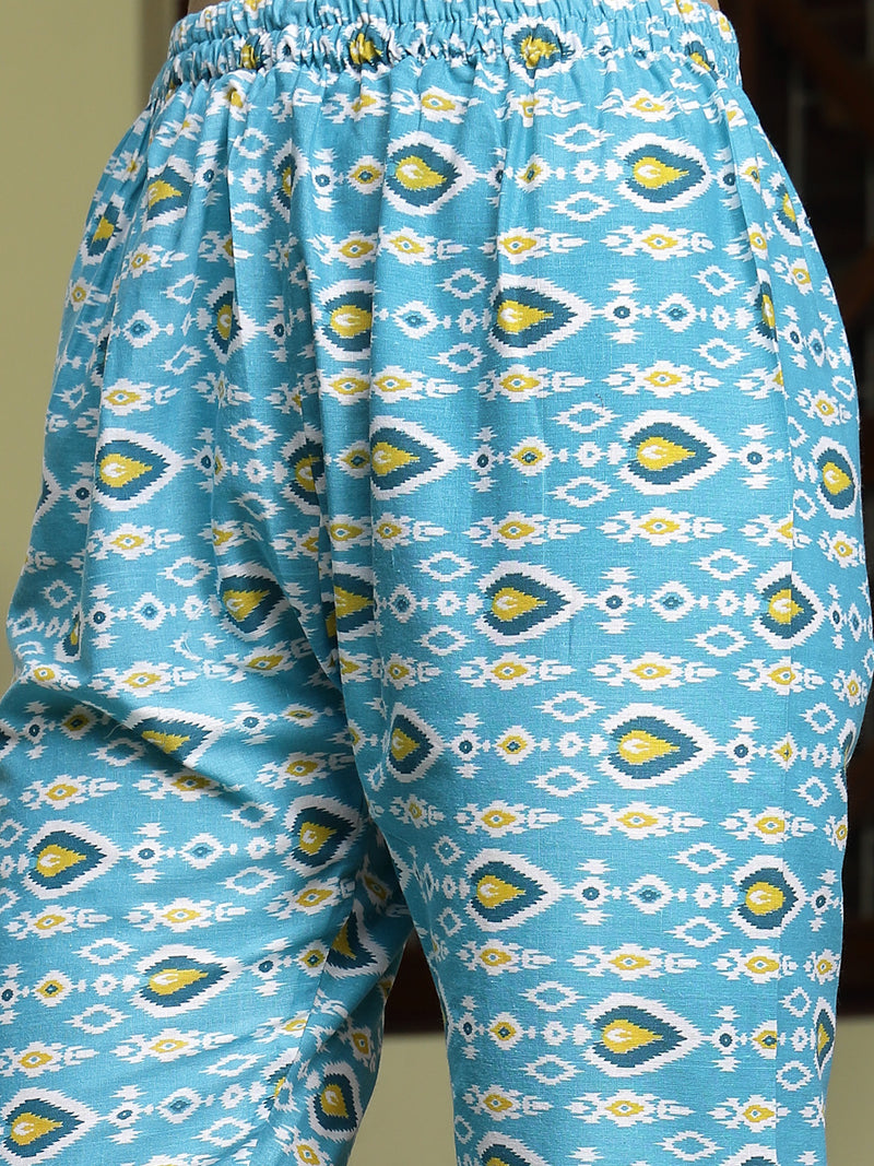 Stylum Women's Turquoise Floral Printed Cotton A-Line Kurta Pant Dupatta Set (KPDTURQGULZAR)