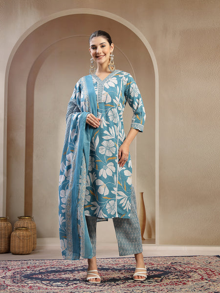 Stylum Women's Turquoise Floral Printed Cotton Straight Kurta Pant Dupatta Set (KPDTURQMELON)
