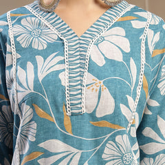 Stylum Women's Turquoise Floral Printed Cotton Straight Kurta Pant Dupatta Set (KPDTURQMELON)