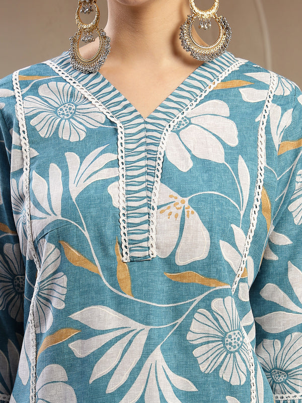 Stylum Women's Turquoise Floral Printed Cotton Straight Kurta Pant Dupatta Set (KPDTURQMELON)