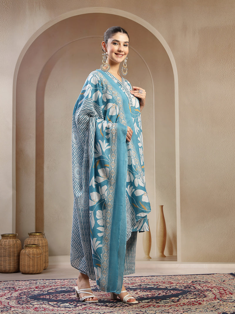 Stylum Women's Turquoise Floral Printed Cotton Straight Kurta Pant Dupatta Set (KPDTURQMELON)