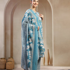 Stylum Women's Turquoise Floral Printed Cotton Straight Kurta Pant Dupatta Set (KPDTURQMELON)