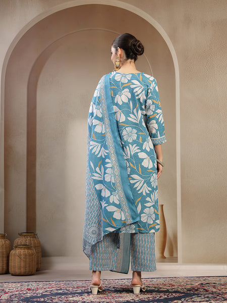 Stylum Women's Turquoise Floral Printed Cotton Straight Kurta Pant Dupatta Set (KPDTURQMELON)