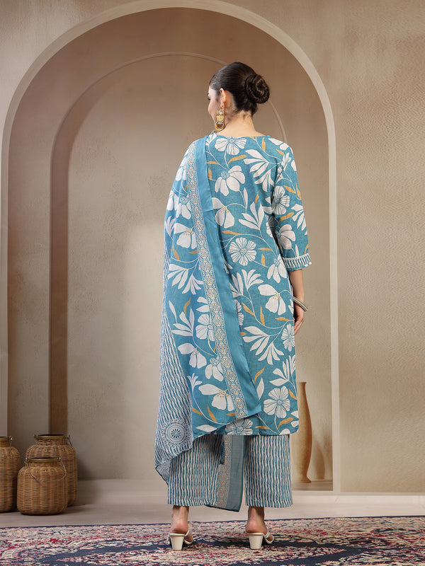 Stylum Women's Turquoise Floral Printed Cotton Straight Kurta Pant Dupatta Set (KPDTURQMELON)