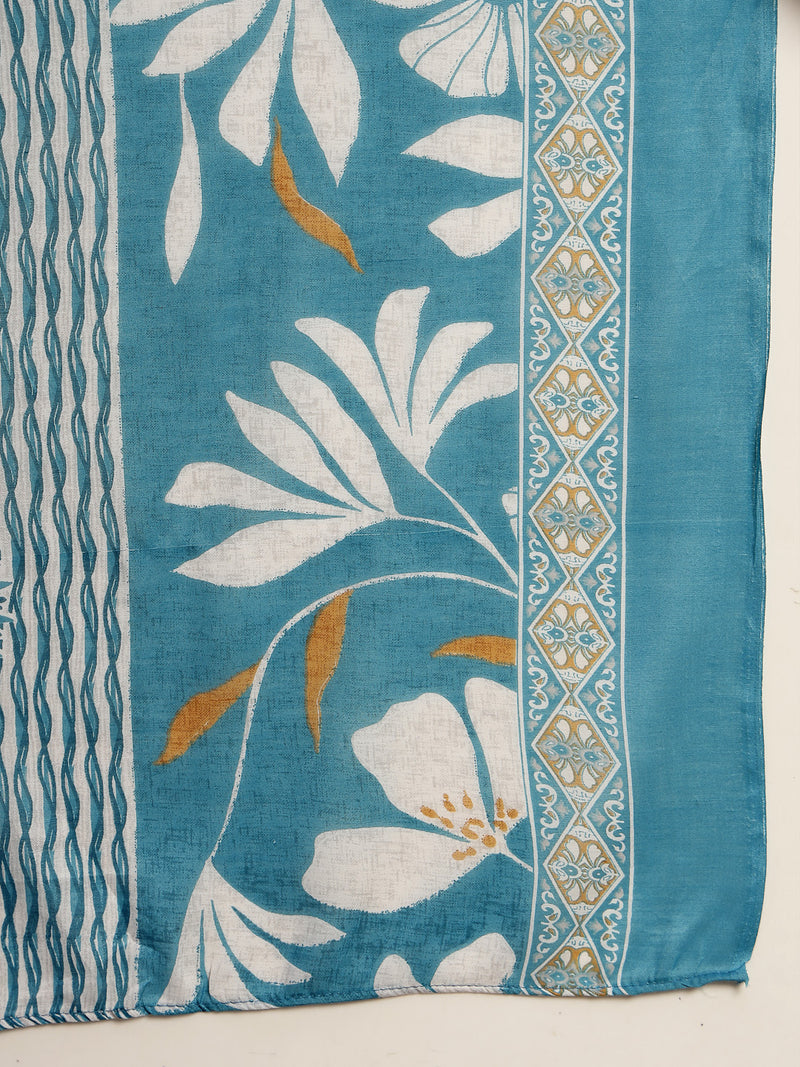 Stylum Women's Turquoise Floral Printed Cotton Straight Kurta Pant Dupatta Set (KPDTURQMELON)