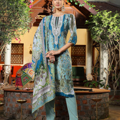 Stylum Women's Turquoise Printed Aari Work  Muslin Straight Pakistani Kurta Pant Dupatta Set (KPDTURQPEPSI)