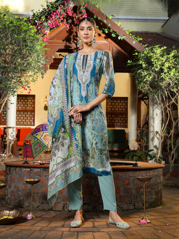 Stylum Women's Turquoise Printed Aari Work  Muslin Straight Pakistani Kurta Pant Dupatta Set (KPDTURQPEPSI)