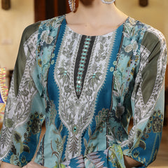 Stylum Women's Turquoise Printed Aari Work  Muslin Straight Pakistani Kurta Pant Dupatta Set (KPDTURQPEPSI)