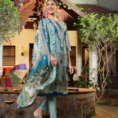 Stylum Women's Turquoise Printed Aari Work  Muslin Straight Pakistani Kurta Pant Dupatta Set (KPDTURQPEPSI)