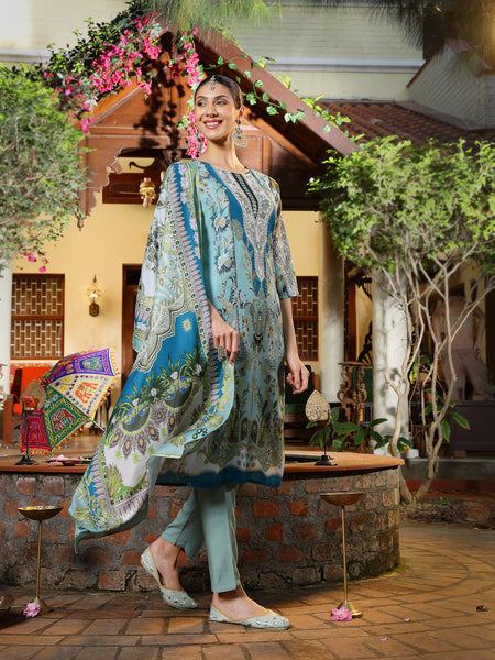 Stylum Women's Turquoise Printed Aari Work  Muslin Straight Pakistani Kurta Pant Dupatta Set (KPDTURQPEPSI)