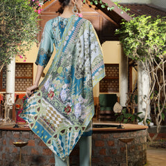 Stylum Women's Turquoise Printed Aari Work  Muslin Straight Pakistani Kurta Pant Dupatta Set (KPDTURQPEPSI)