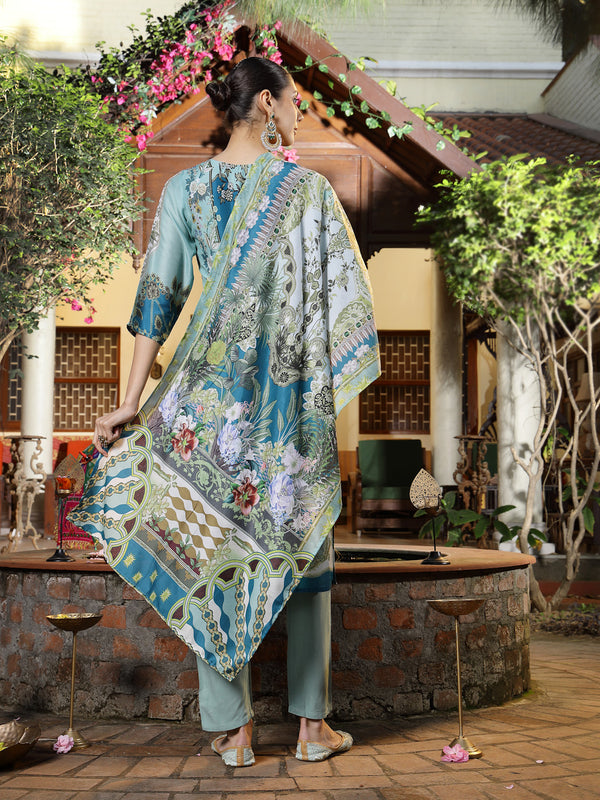 Stylum Women's Turquoise Printed Aari Work  Muslin Straight Pakistani Kurta Pant Dupatta Set (KPDTURQPEPSI)