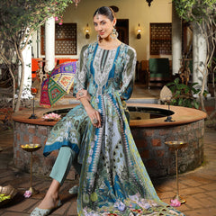 Stylum Women's Turquoise Printed Aari Work  Muslin Straight Pakistani Kurta Pant Dupatta Set (KPDTURQPEPSI)