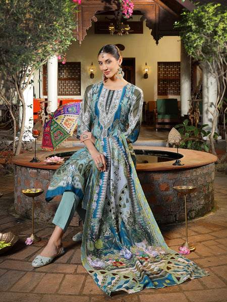 Stylum Women's Turquoise Printed Aari Work  Muslin Straight Pakistani Kurta Pant Dupatta Set (KPDTURQPEPSI)