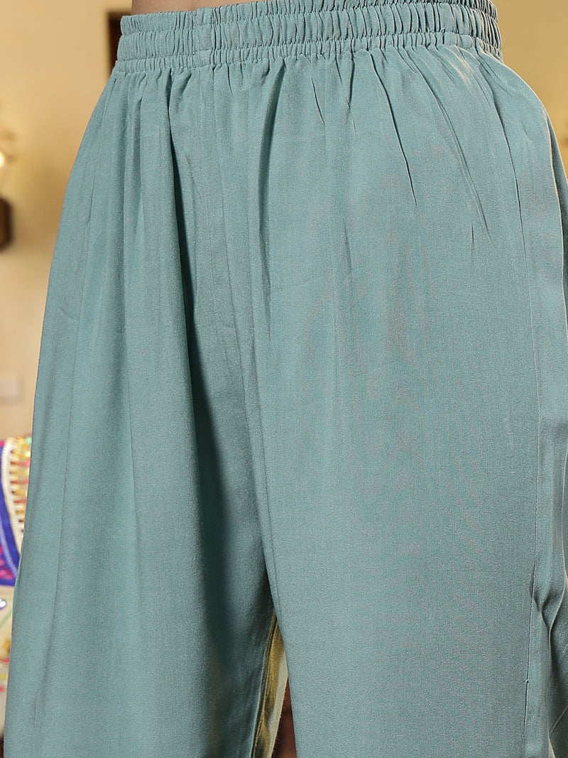 Stylum Women's Turquoise Printed Aari Work  Muslin Straight Pakistani Kurta Pant Dupatta Set (KPDTURQPEPSI)