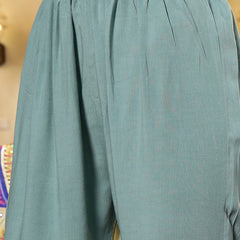 Stylum Women's Turquoise Printed Aari Work  Muslin Straight Pakistani Kurta Pant Dupatta Set (KPDTURQPEPSI)