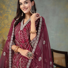 Stylum Women's Violet Bandhani Print & Embroidered Muslin Straight Kurta Pant Dupatta Set (KPDVOILBANNO)