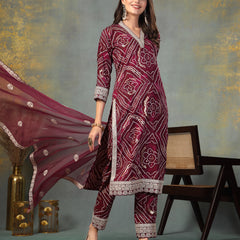 Stylum Women's Violet Bandhani Print & Embroidered Muslin Straight Kurta Pant Dupatta Set (KPDVOILBANNO)