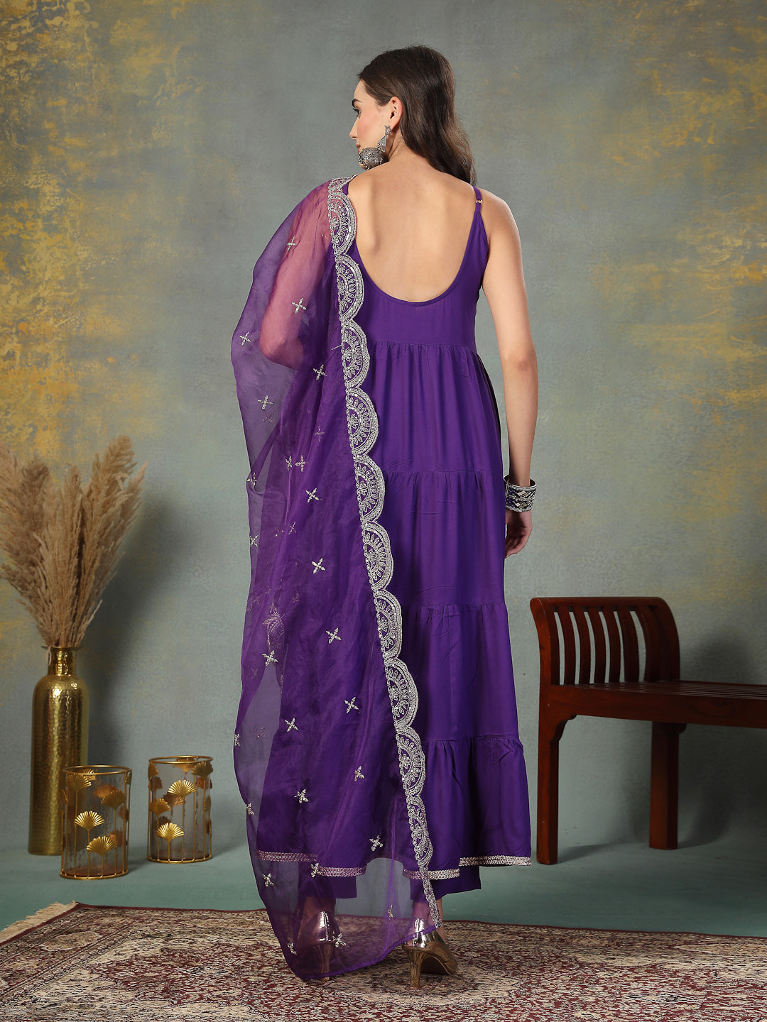 Stylum Women's Violet Solid Rayon Tiered Kurta Pant Dupatta Set (KPDVOILBAR)