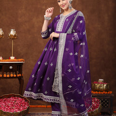 Stylum Women's Violet Ethnic Motif Khadi Printed & Embroidered Rayon Flared Kurta Pant Dupatta Set (KPDVOILBIBA)