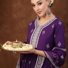 Stylum Women's Violet Ethnic Motif Khadi Printed & Embroidered Rayon Flared Kurta Pant Dupatta Set (KPDVOILBIBA)