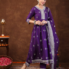 Stylum Women's Violet Ethnic Motif Khadi Printed & Embroidered Rayon Flared Kurta Pant Dupatta Set (KPDVOILBIBA)