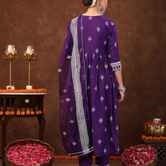 Stylum Women's Violet Ethnic Motif Khadi Printed & Embroidered Rayon Flared Kurta Pant Dupatta Set (KPDVOILBIBA)
