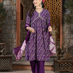 Stylum Women's Bandhej Printed Rayon Naira Cut Kurta Pant Dupatta Set (KPDVOILCHARLI)