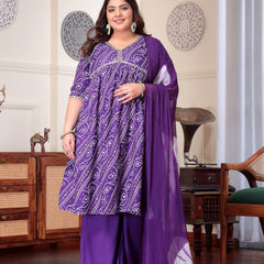 Plus Size Women's Bandhej Printed Rayon Naira Cut Kurta Palazzo Dupatta Set (KPDVOILCHARLIPLUS)