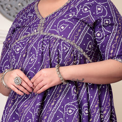 Plus Size Women's Bandhej Printed Rayon Naira Cut Kurta Palazzo Dupatta Set (KPDVOILCHARLIPLUS)