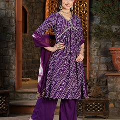 Stylum Women's Bandhej Printed Rayon Naira Cut Kurta Pant Dupatta Set (KPDVOILCHARLI)