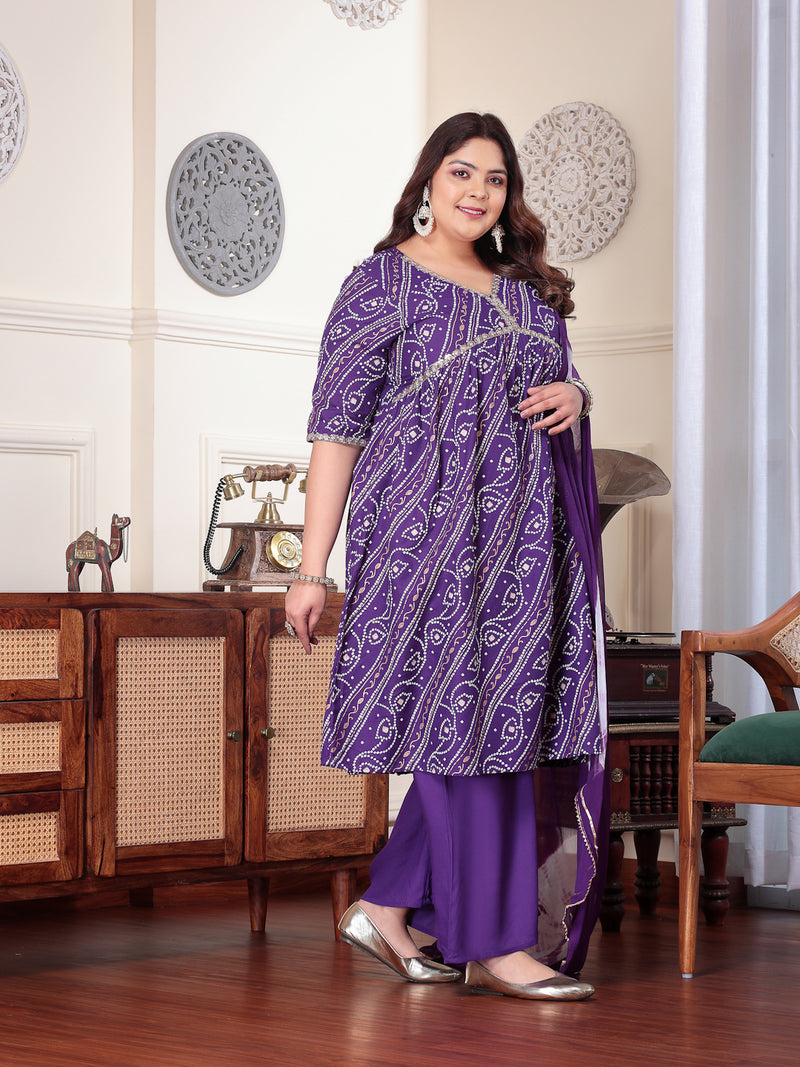 Plus Size Women's Bandhej Printed Rayon Naira Cut Kurta Palazzo Dupatta Set (KPDVOILCHARLIPLUS)