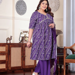 Plus Size Women's Bandhej Printed Rayon Naira Cut Kurta Palazzo Dupatta Set (KPDVOILCHARLIPLUS)