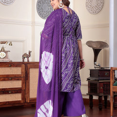 Plus Size Women's Bandhej Printed Rayon Naira Cut Kurta Palazzo Dupatta Set (KPDVOILCHARLIPLUS)