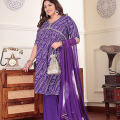 Plus Size Women's Bandhej Printed Rayon Naira Cut Kurta Palazzo Dupatta Set (KPDVOILCHARLIPLUS)