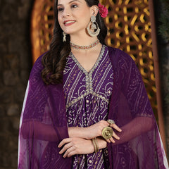 Stylum Women's Bandhej Printed Rayon Naira Cut Kurta Pant Dupatta Set (KPDVOILCHARLI)