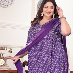 Plus Size Women's Bandhej Printed Rayon Naira Cut Kurta Palazzo Dupatta Set (KPDVOILCHARLIPLUS)
