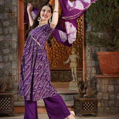 Stylum Women's Bandhej Printed Rayon Naira Cut Kurta Pant Dupatta Set (KPDVOILCHARLI)