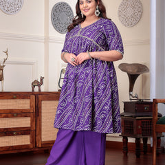 Plus Size Women's Bandhej Printed Rayon Naira Cut Kurta Palazzo Dupatta Set (KPDVOILCHARLIPLUS)