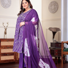 Plus Size Women's Bandhej Printed Rayon Naira Cut Kurta Palazzo Dupatta Set (KPDVOILCHARLIPLUS)