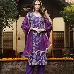 Stylum Women's Violet Floral Printed Rayon Straight Kurta Pant Dupatta Set (KPDVOILFRANCE)