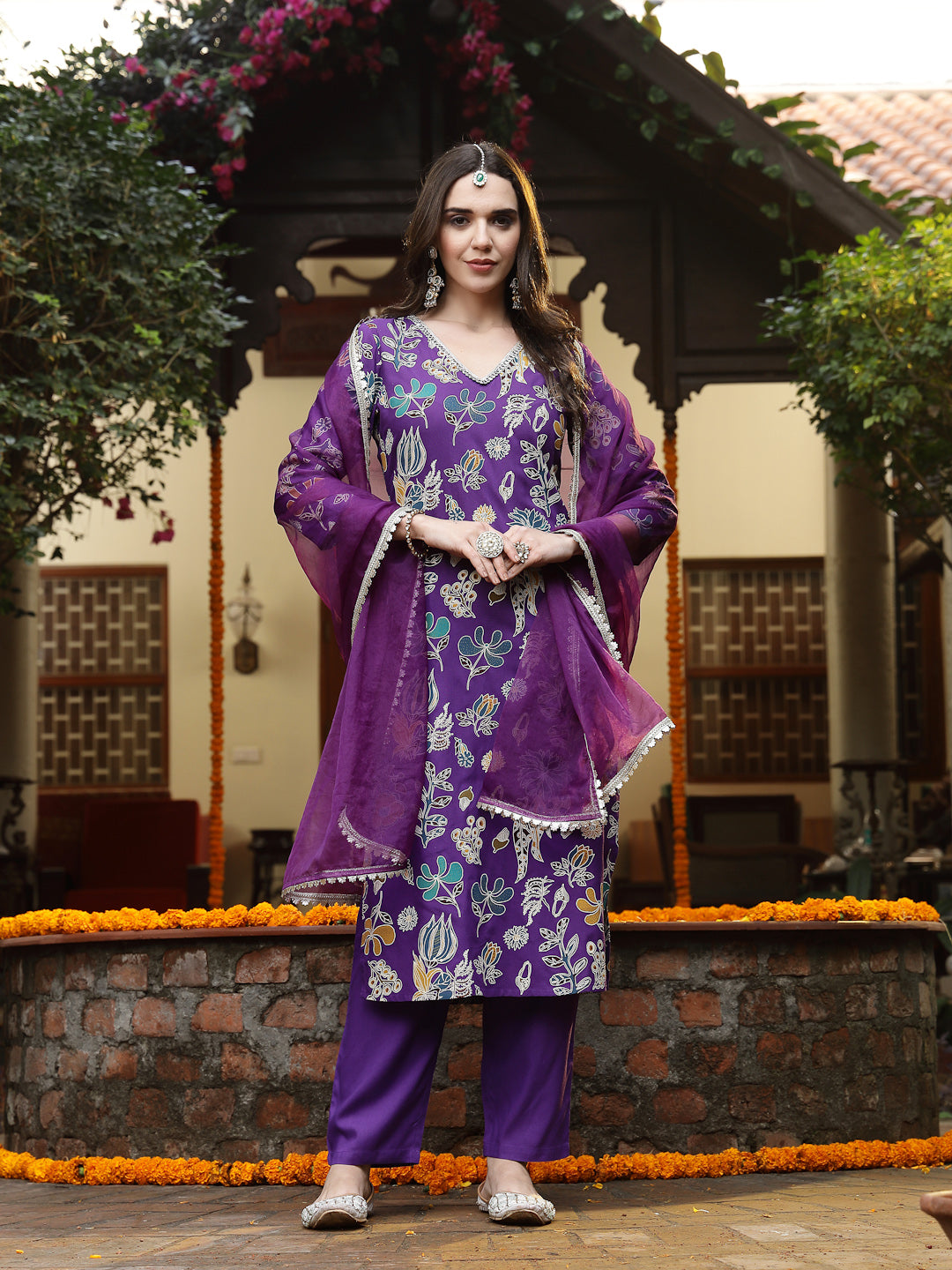 Stylum Women's Violet Floral Printed Rayon Straight Kurta Pant Dupatta Set (KPDVOILFRANCE)