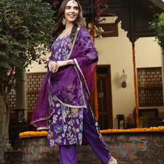 Stylum Women's Violet Floral Printed Rayon Straight Kurta Pant Dupatta Set (KPDVOILFRANCE)