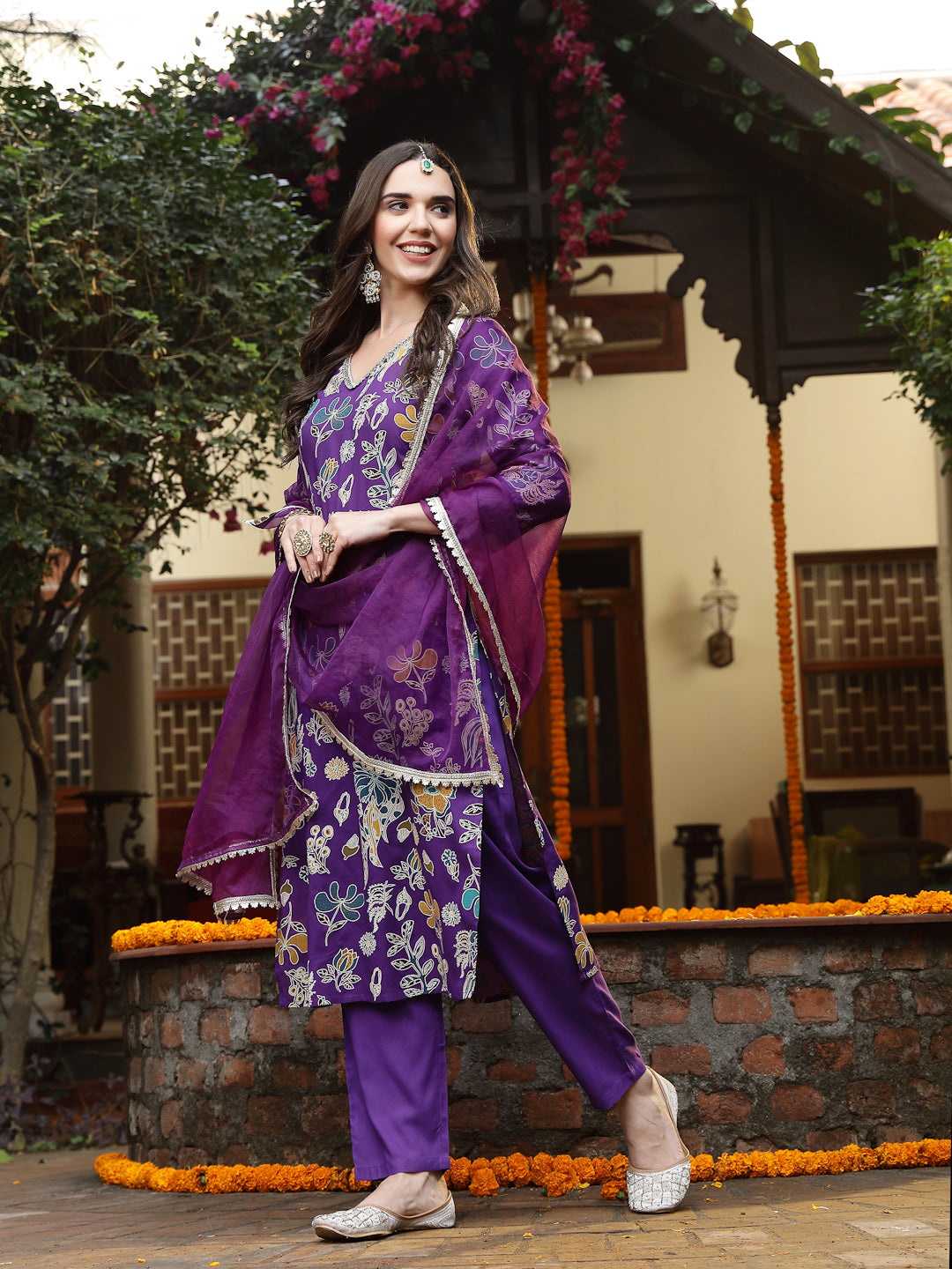 Stylum Women's Violet Floral Printed Rayon Straight Kurta Pant Dupatta Set (KPDVOILFRANCE)