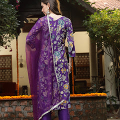 Stylum Women's Violet Floral Printed Rayon Straight Kurta Pant Dupatta Set (KPDVOILFRANCE)