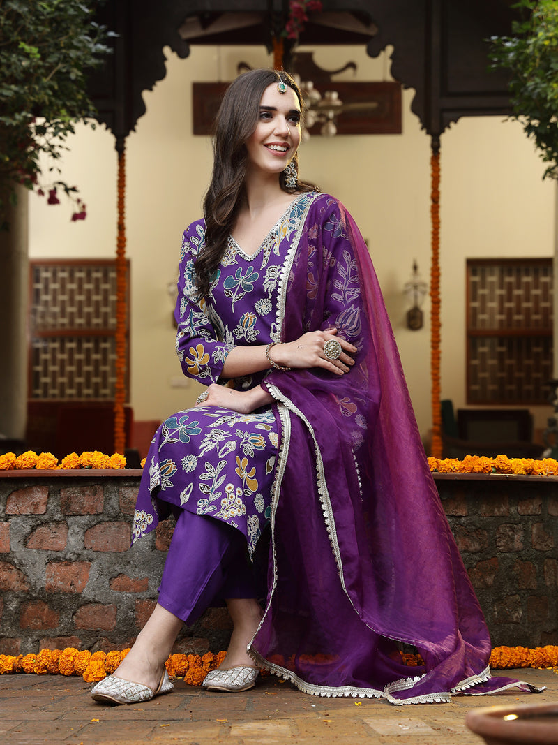 Stylum Women's Violet Floral Printed Rayon Straight Kurta Pant Dupatta Set (KPDVOILFRANCE)