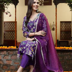 Stylum Women's Violet Floral Printed Rayon Straight Kurta Pant Dupatta Set (KPDVOILFRANCE)