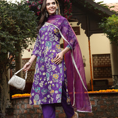 Stylum Women's Violet Floral Printed Rayon Straight Kurta Pant Dupatta Set (KPDVOILFRANCE)