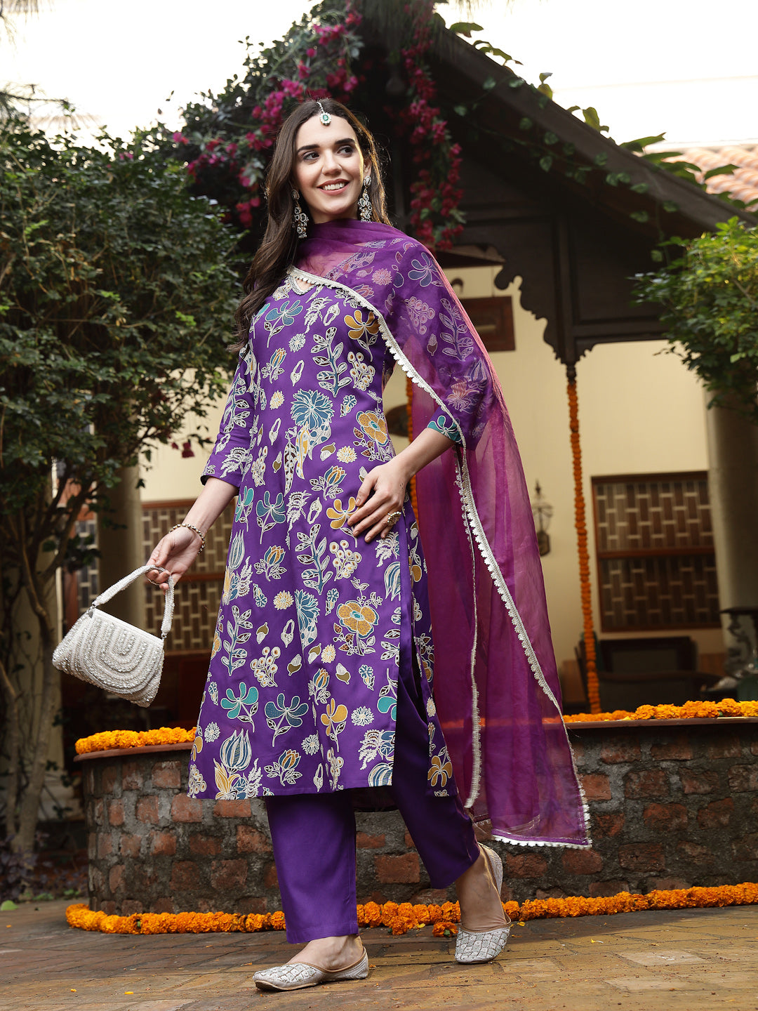 Stylum Women's Violet Floral Printed Rayon Straight Kurta Pant Dupatta Set (KPDVOILFRANCE)