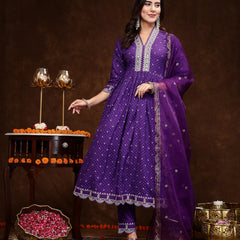 Stylum Women's Violet Bandhani Printed & Embroidered Rayon Flared Kurta Pant Dupatta Set (KPDVOILGALIB)